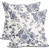 Vintage Floral Pillow Covers 18x18 Inch Set of 2 Navy Blue and Cream Floral Throw Pillow Covers Chinoiserie Flower Pillowcases Farmhouse Cotton Linen Cushion Covers for Couch Bed Sofa Chair Home Decor
