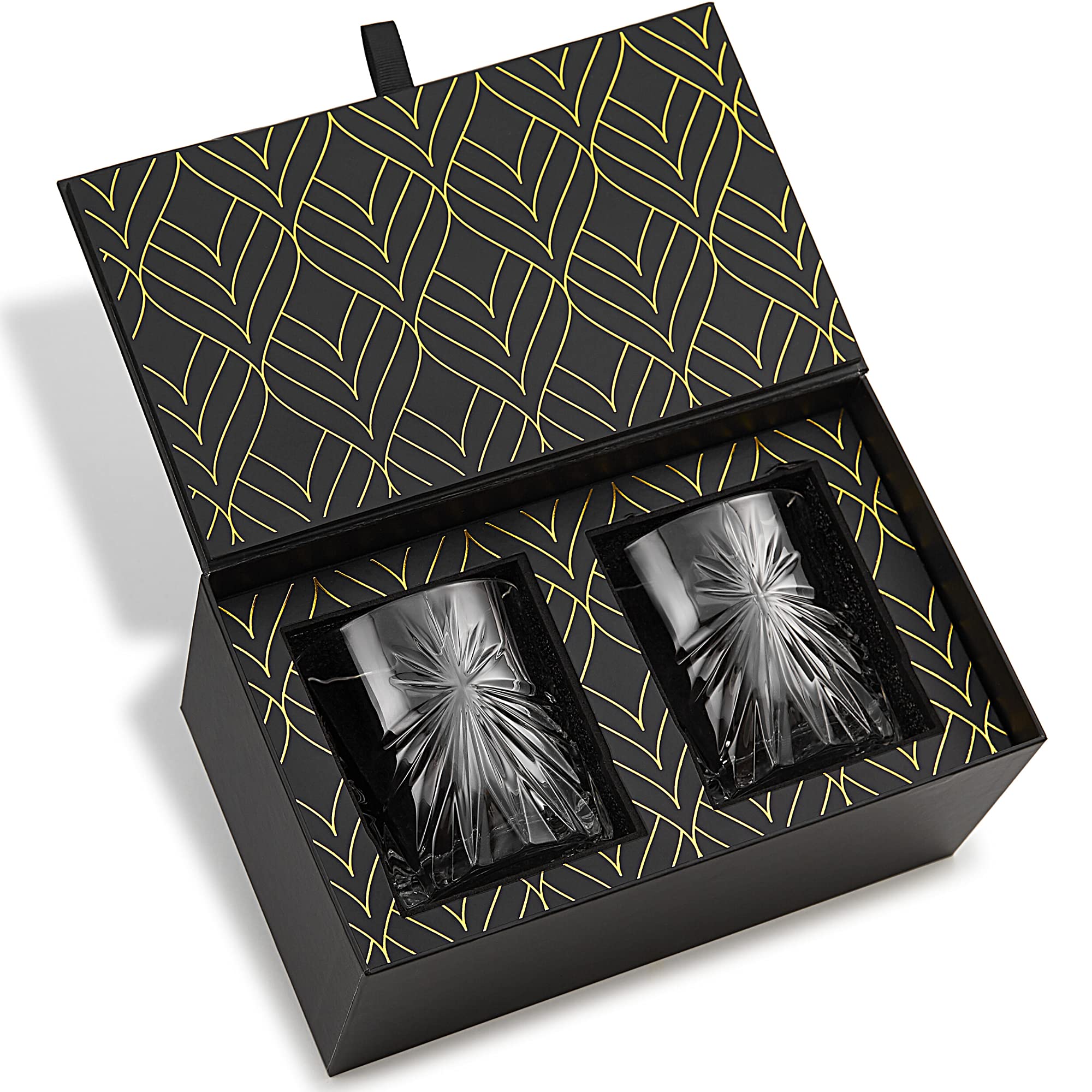 Crystal Whiskey Glasses - Set of 2 Soleil Glass Tumblers (315 ml) for Scotch, Bourbon, Old Fashioned Cocktails & Drinks - Elegant Gold Foil Gift Box