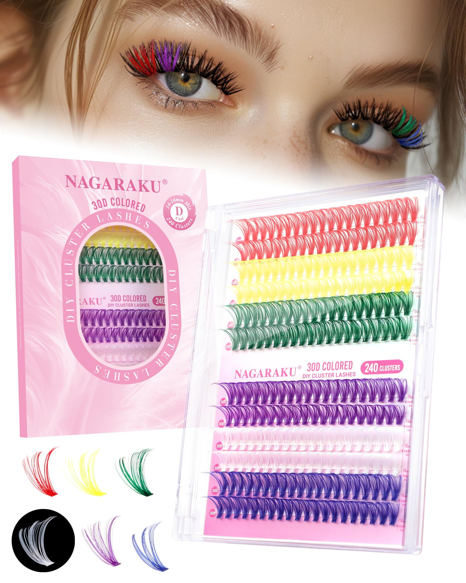 NAGARAKU Colored Lash Clusters, 240pcs 30D Cluster Lashes DIY Volume Colorfull False Eyelash Red/Yellow/Green/Purple/White/Blue lashes (0.07mm D Curl 14-16mm Mix Length) — image 1