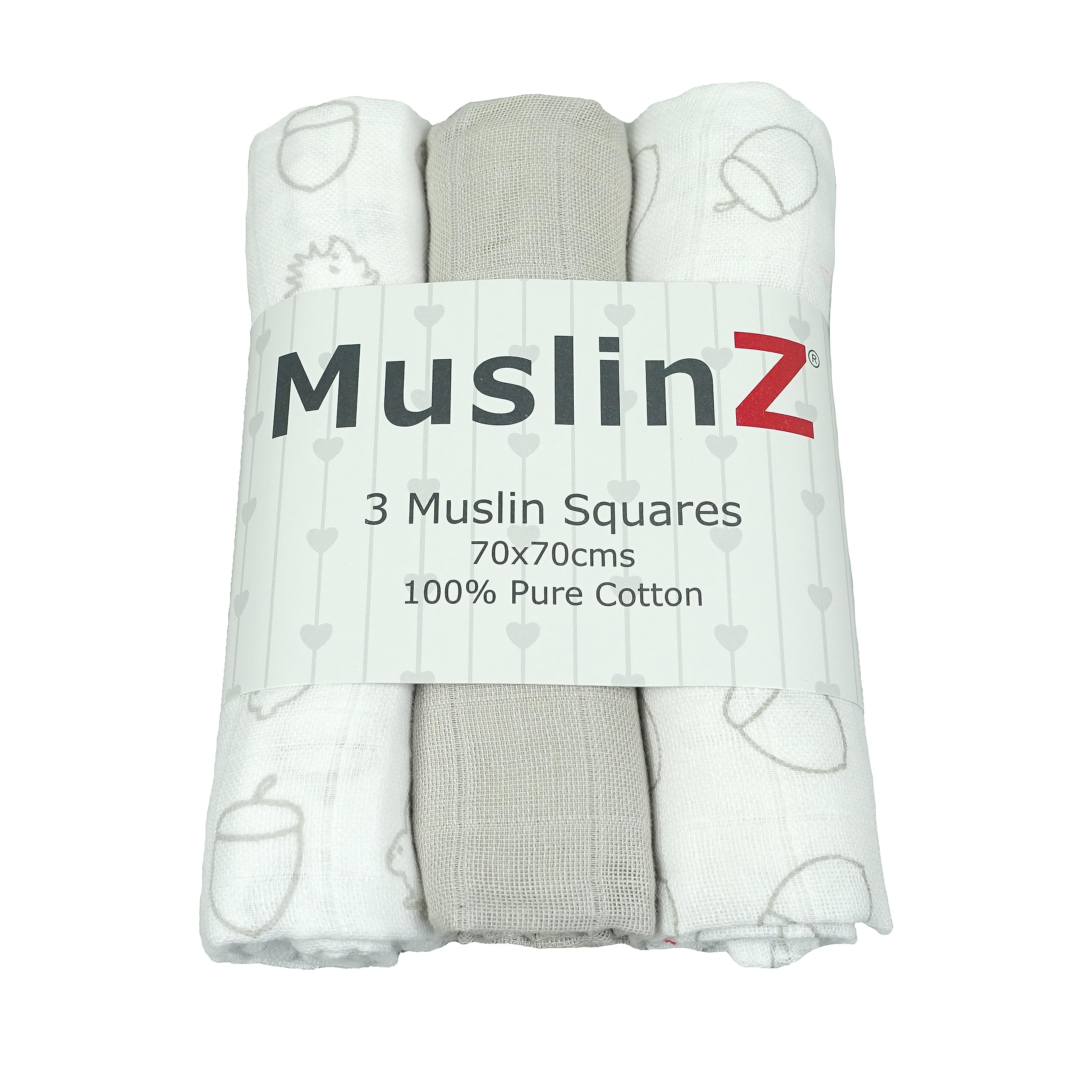 MuslinZ Baby Muslin Squares Burp Cloths 3 Pack 100% Pure Cotton, 70cms, Baby Essential, Soft Breathable and Absorbent (Woodland Combo)