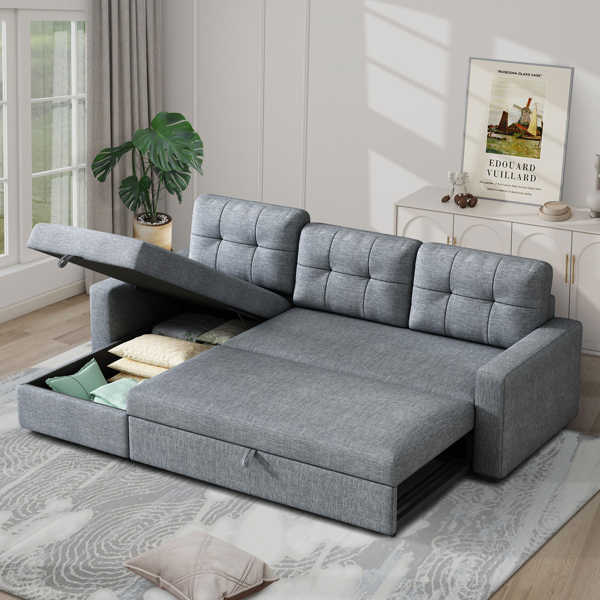 Photo 1 of ++2 box+++Ball & Cast L Shape Sleeper Sofa with Pull Out Bed,81.5" Sectional Couch W/Storage Chaise,2 in 1 Convertible Sofa Bed W/ 3 Movable Back Cushions,Reversible Sectional Sofa for Living Room,Light Gray