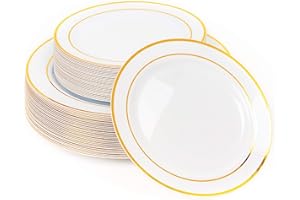 MATANA 60 pc Reusable Gold Plastic Plates with White Gold Rim - 30 Dinner Plates 10.25" Inch, 30 Salad Dessert Appetizer Plat