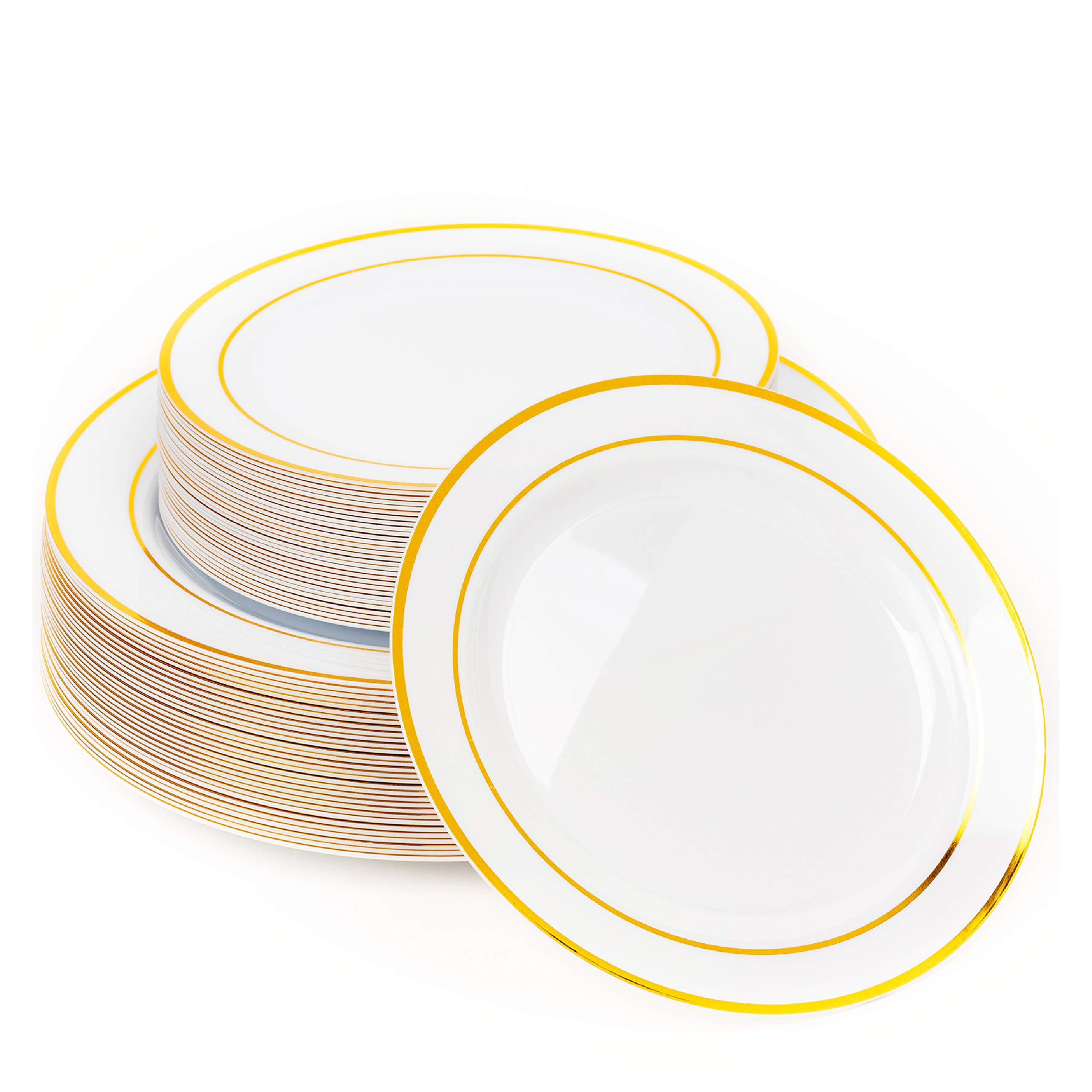 MATANA 60 Premium White Plastic Plates with Gold Rim - 30 x 26cm, 30 x 19cm - Unbreakable, Elegant & Reusable Party Plates for Weddings, Birthdays, Catering, Outdoor Parties