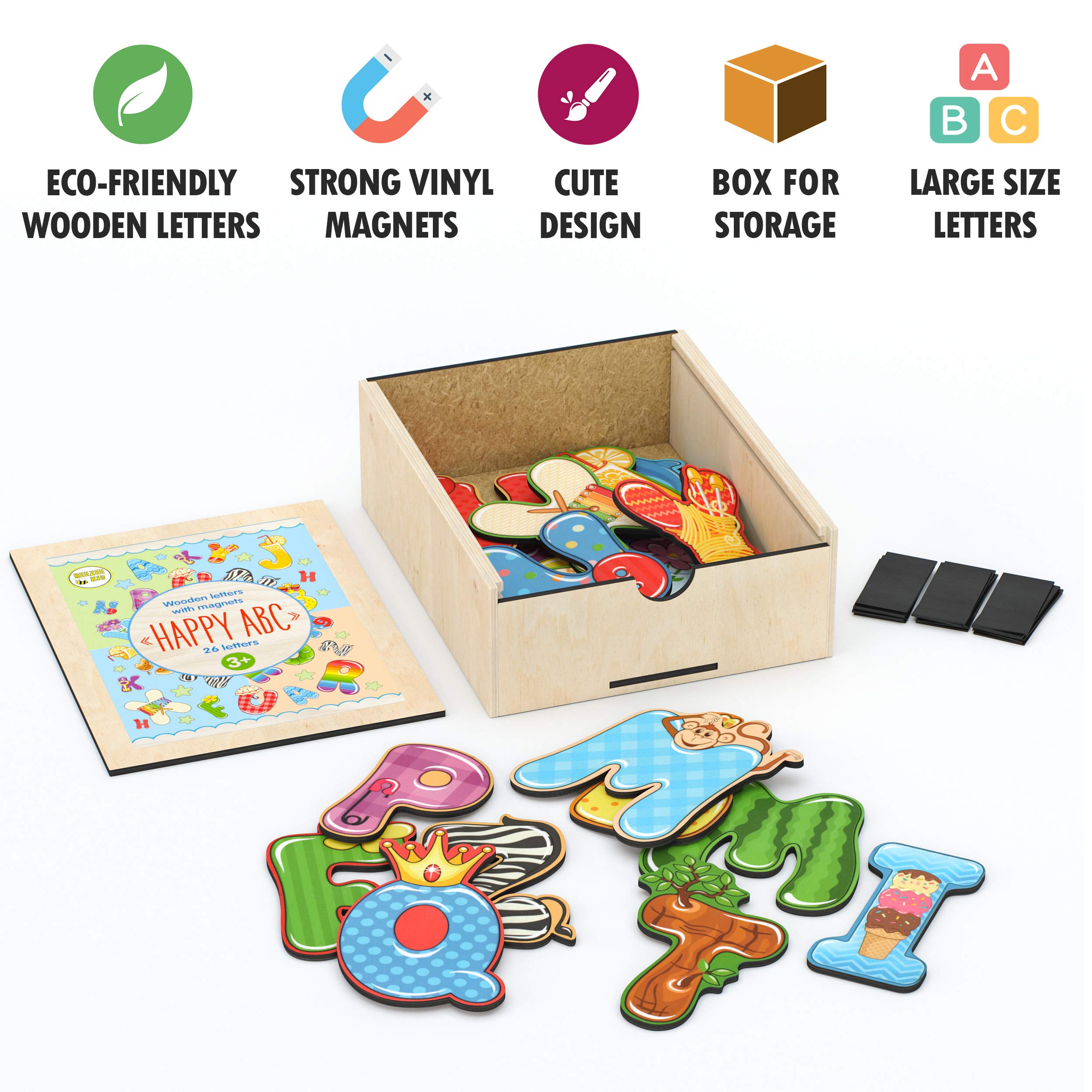 BeeZee Kid Happy ABC Letters - Wood Alphabet with Attachable Magnetic Backs - Fridge ABC Magnets for Kids - 26 Large Wood Letters - Reading Learning Toy for Toddlers and Preschoolers