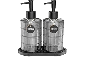 MASADI Soap Dispenser Set with Bamboo Tray, Dish and Hand Soap Lotion Dispenser Set with Wooden Pump for Kitchen and Bathroom