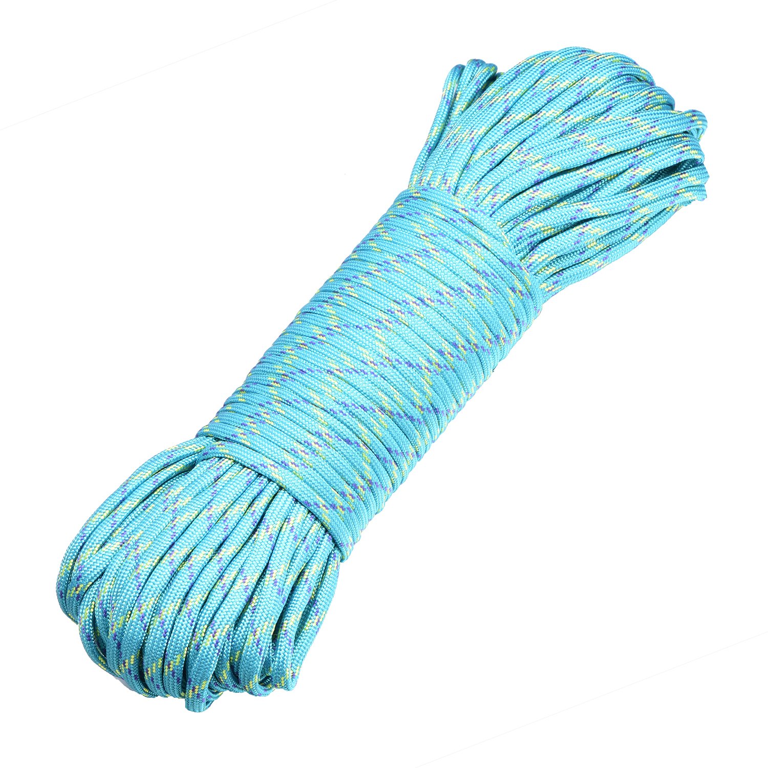 DonDon 98 ft - 30 m nylon cord Paracord survival DIY rope cord for outdoor camping activities 0.6 inch - 4 mm - 7 strands turquoise-light green-lilac