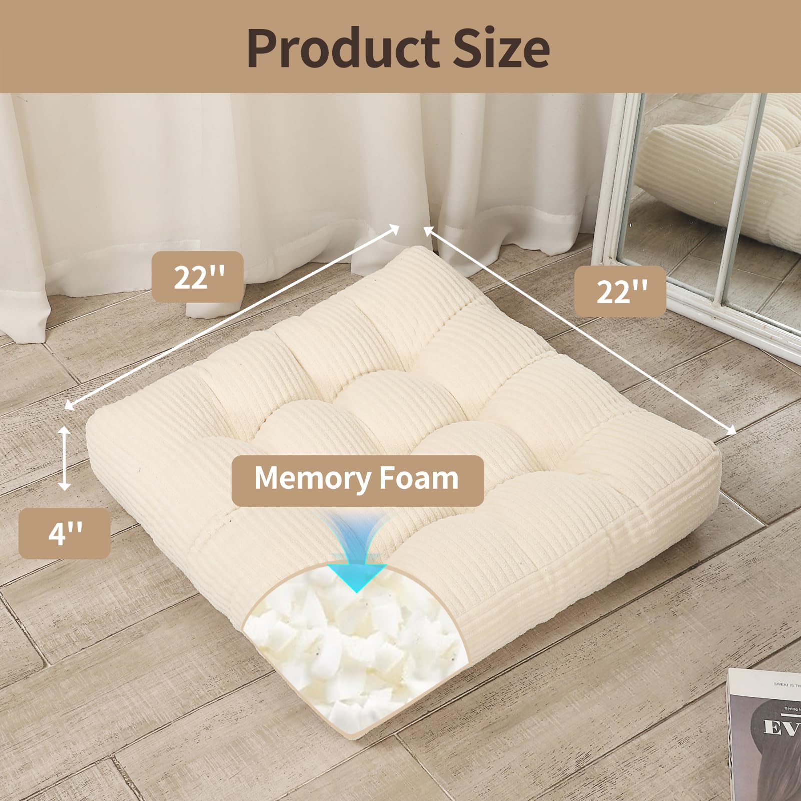 LOVMOC 22 inches Meditation Pillow, Square Large Floor Cushions for Adults, Thick Corduroy Floor Pillows for Sitting, Yoga, Living Room, Sofa, Tatami, Beige - Image 2