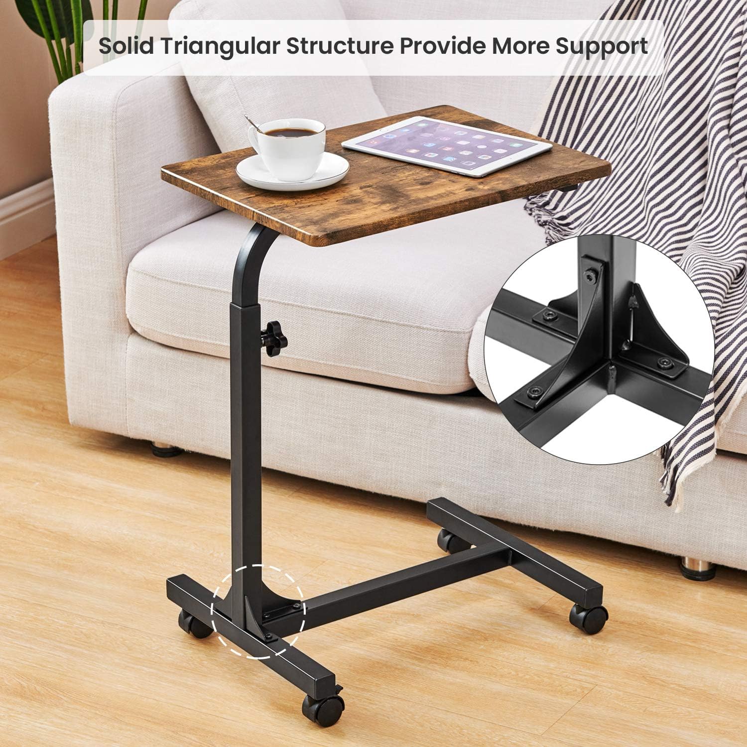 Coavas Over Bed Table C Side Rolling Table with Lockable Wheels Medical Portable Notebook Laptop Desk 3 Adjustment Levels TV Tray Table for Eating Breakfast, Walnut (18.9 x 14.6 x 26.4-31.1 inch): Kitchen & Dining