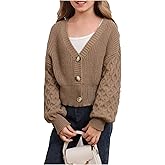 MakeMeChic Girl's Cable Knit Cropped Cardigan Sweater V Neck Long Sleeve Button Down Sweaters