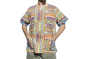 RaanPahMuang Bright Summer Ankara Dashiki Afrikan Weave Print Shirt with Pockets