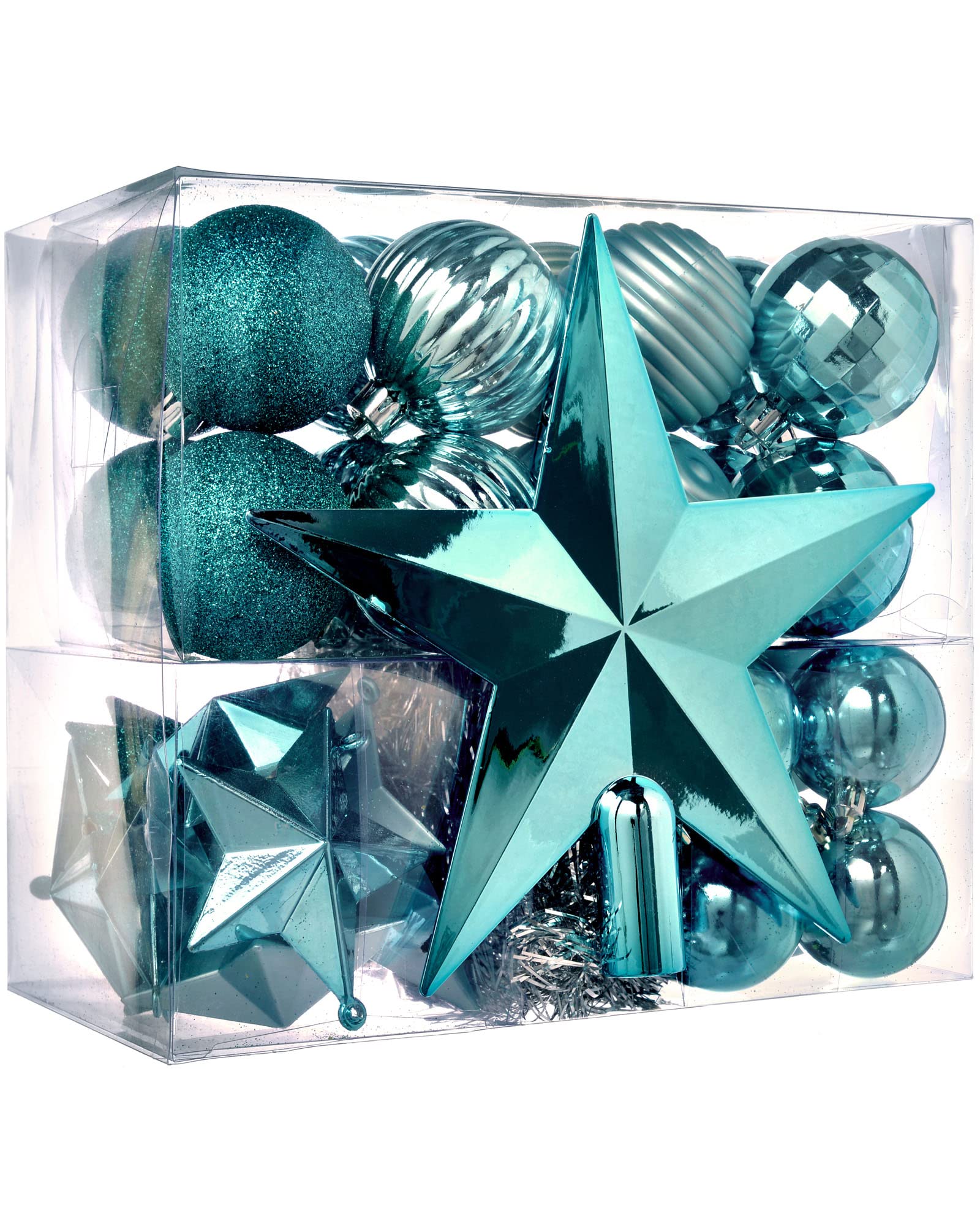 WeRChristmas Shatterproof Baubles Decoration Pack with Tree Topper and Garland - 42-Piece, Turquoise Blue