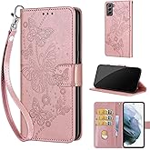 Designed for Samsung Galaxy S22 Case Wallet,Women Flip Folio Cover with Embossed PU Leather Stand Credit Card Holders Slots Wrist Strap Phone Case for Samsung S22 6.1 Inch (Rose Gold Butterfly)
