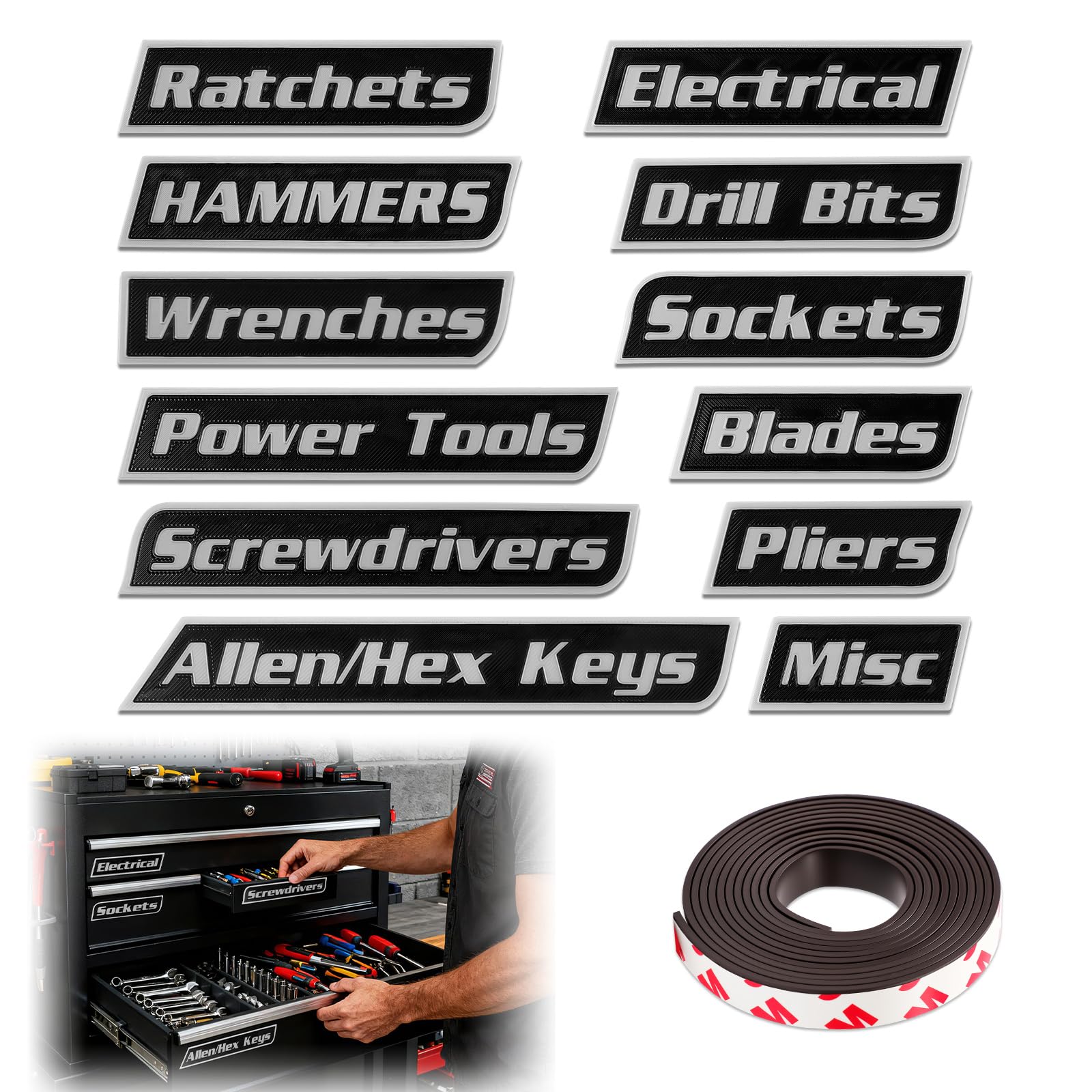 Photo 1 of 12 Pack of Magnetic Toolbox Labels, 3D-Printed Tool Box Labels, General Tool Box Organize Accessories, Reusable Tags for Steel Toolboxes, Carts, Drawers and Cabinets (Black)