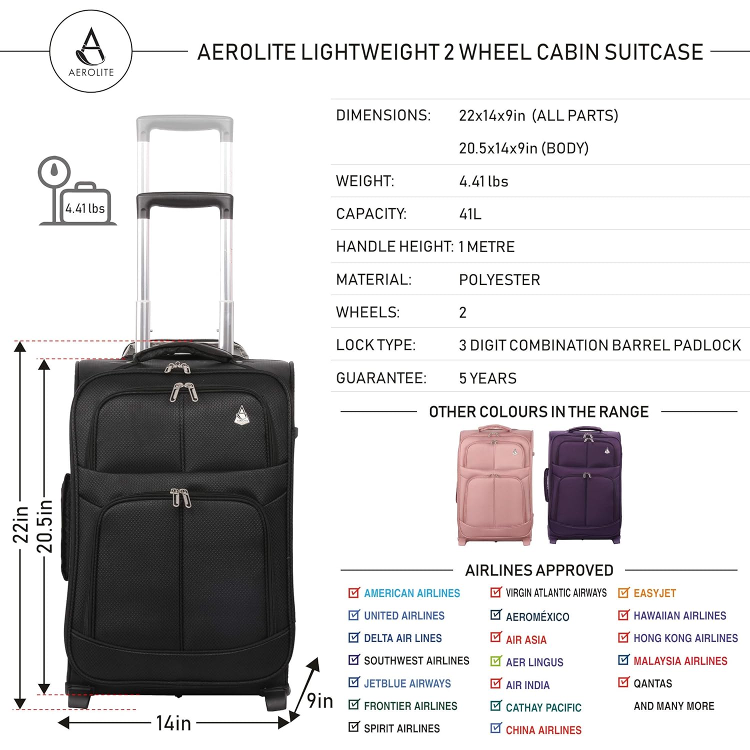 Large Capacity Maximum Allowance 22x14x9 Airline Approved Delta