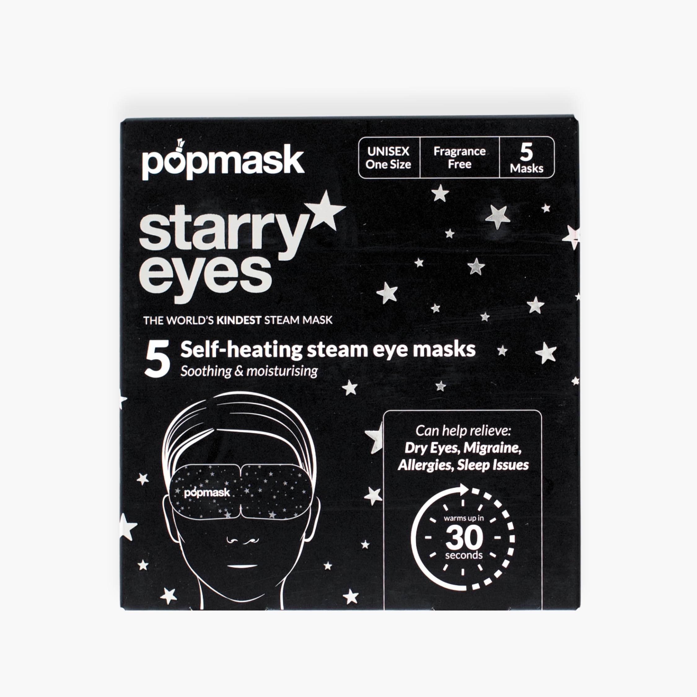 Popmask Starry Eyes Self Heating Steam Eye Masks Supports Dry Eyes, Migraine, Headache, Allergy, Fragrance Free for Sensitive Skin. Natural Heat Relief, Soothing, Moisturising, Unisex 5 Pack
