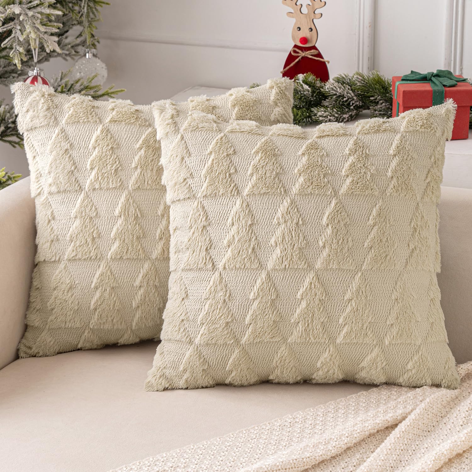 MIULEE Christmas Cushion Covers Pack of 2 Embroidery Fluffy Soft Faux Fur Decorative Throw Pillow Cover Decoration for Sofa Bedroom,18 x 18 Inches,Plush Christmas Tree Pattern,Beige