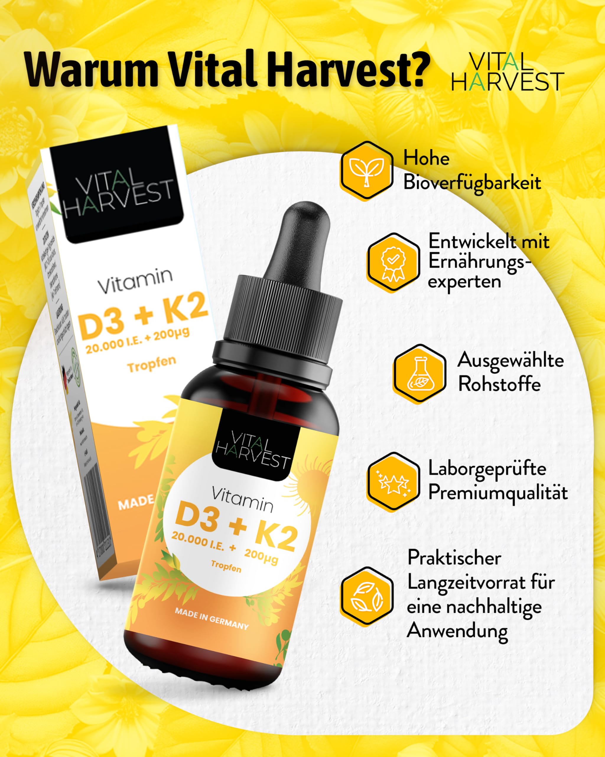 Vital Harvest® Premium Vitamin D3 K2 Tropfen 5.000 IE 30ml | Depot mit D3 & K2 MK-7 | Veganes Vitamin D3 + Vitamin K2 MK7, laborgeprüft in Deutschland hergestellt - ohne Zusatzstoffe (30ml) 2