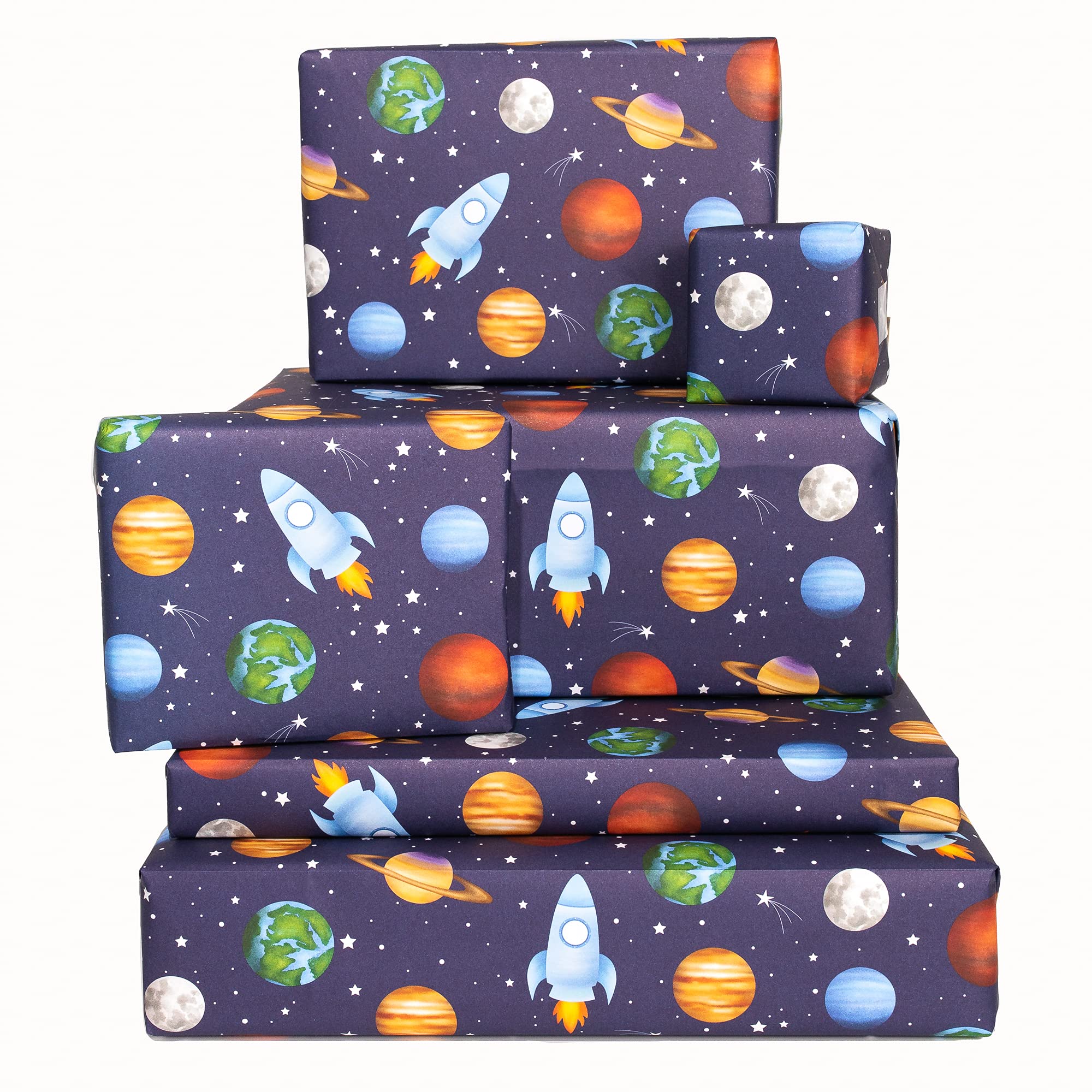 Wrapping Paper for Boys Kids Girls Children - 6 Sheets of Birthday Giftwrap - Rockets Planets Space Stars Galaxy - Navy Blue - For Baby Shower Christmas Bday - Colourful Thick Wraps - Recyclable