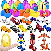 [1 Gold Egg] 24 Pack Prefilled Easter Egg Filled with Transform Car Robot Toys, 24 Eggs + 24 Car Robot Toys for Kids, Easter Basket Stuffers Classroom Exchange for Boys 24 Vehicle Party Favor Egg Hunt