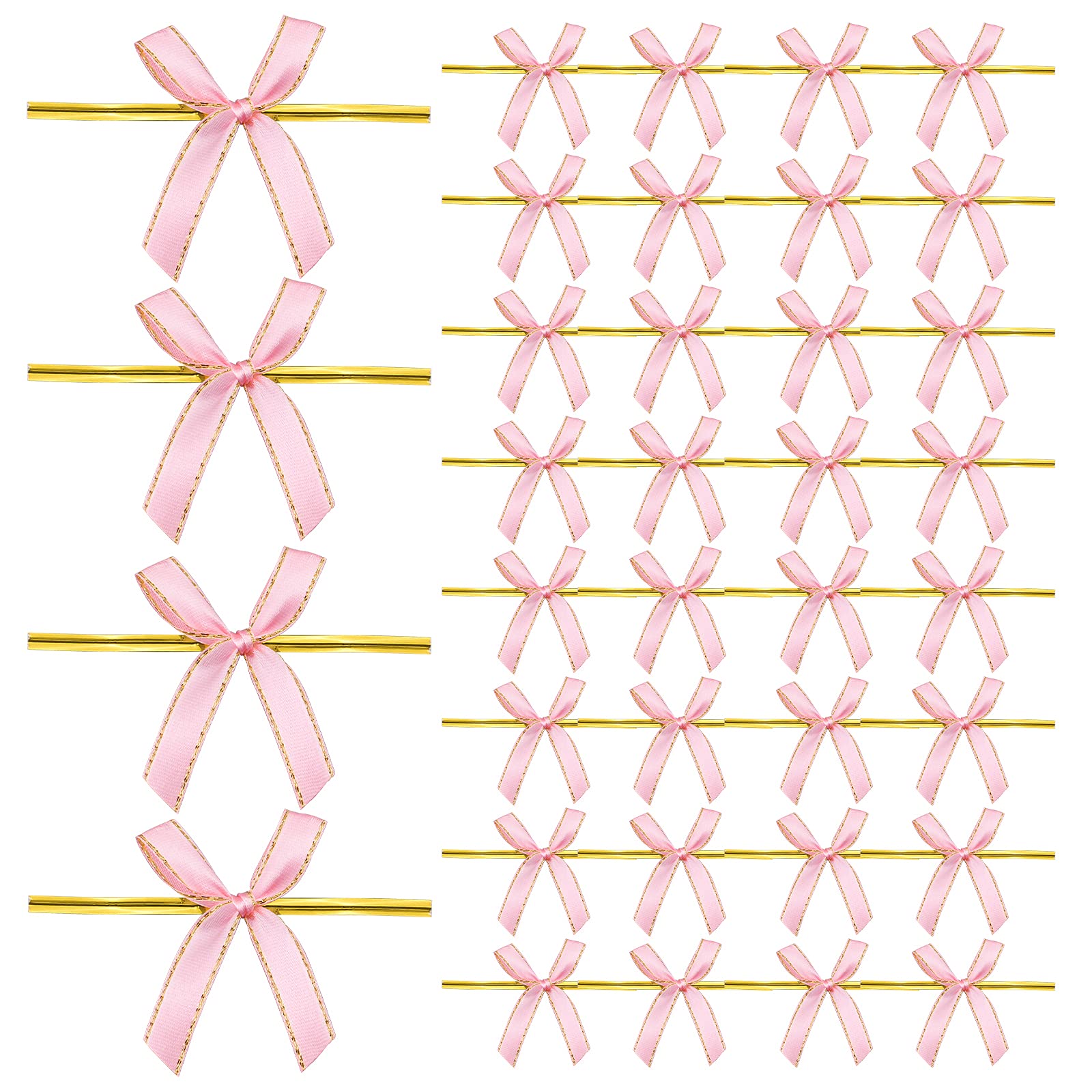 CRAFFANCY Pink Satin Ribbon Twist Tie Bow, 200 Pcs Gold Edge Small Pre-Tied Satin Bows With Twist Ties Decorative Mini Bow For Treat Bags, Wedding Gift Bags Tying Up Packages Gift Wrapping