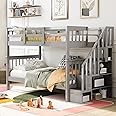 Harper & Bright Designs Twin Over Twin Bunk Bed with Stairs, Solid Wood Bunk Bed Frame with Storage and Guard Rail for Bedroom, Dorm, for Kids, Teens, Adults (Gray)