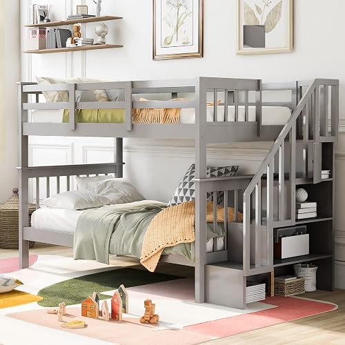 Harper & Bright Designs Twin Over Twin Bunk Bed with Stairs, Solid Wood ...