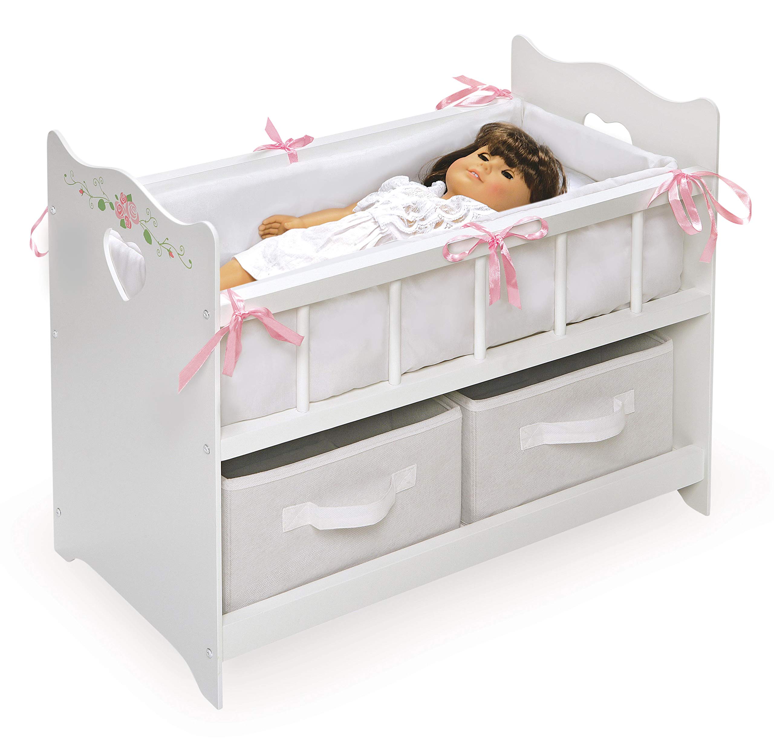 Badger Basket Wooden Doll Bed with Bed Liner, Pillows and Two Storage Baskets - Fits 18