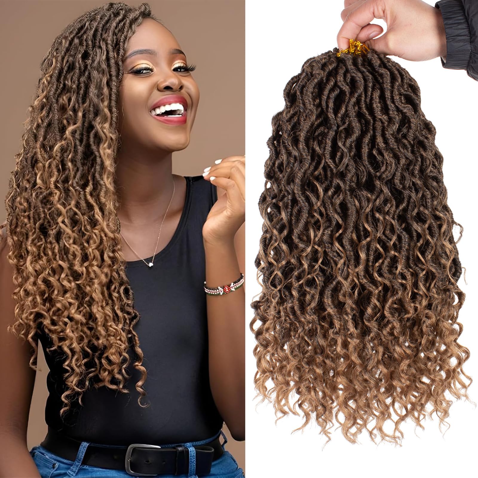 Mscat 14 Inch 8 Packs Ombre River Goddess Faux Locs Crochet Hair Wavy With Curly Ends Pre-looped River Locs Synthetic Crochet Braiding Bohemian Faux Locs Hair Extensions (14Strands/Pack T27#)