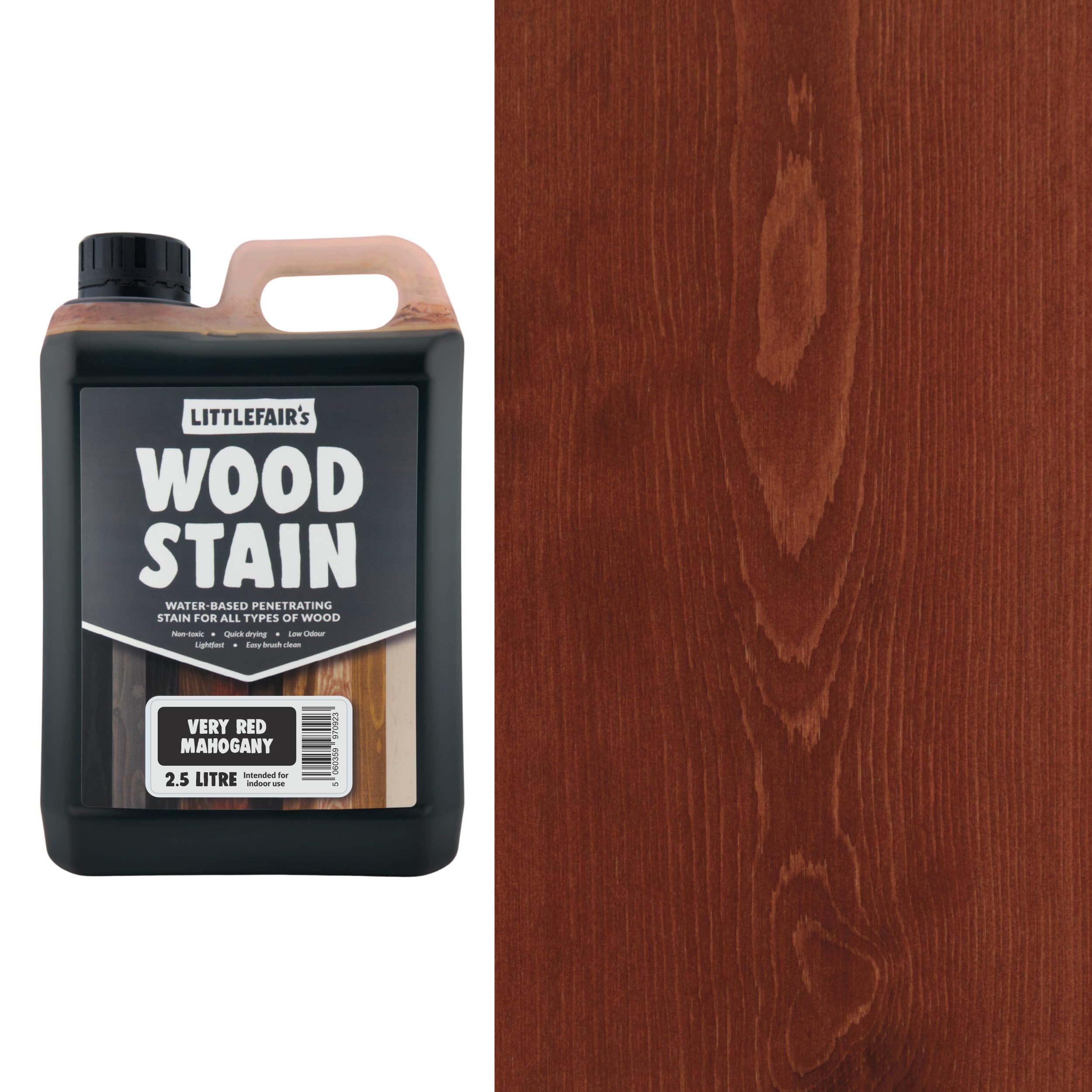 Littlefair's Wood Stain Water-Based - (Very Red Mahogany) – Non-Toxic, Eco-Friendly & Quick Drying - Easy-to-Apply, Concentrated Formula for All Wood Types – 2.5 LTR