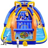 WELLFUNTIME Inflatable Water Slide, Bounce House with Blower | 2-in-1 Wet &amp; Dry Play Bouncy Castle, Two Slides, Archery Dartboard Game, Deep Splash Pool &amp; Climbing Wall for 4 Kids
