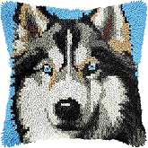 Husky Dog Latch Hook Kits Pillow Color Printed Canvas Cushion Crochet Yarn Needlework Hook Latch Kit DIY Embroidery Pillowcase Rug Cover Home Sofa Christmas Decoration 43x43cm(1)