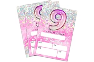 AKTFV 9Th Birthday Invitation Cards, Holographic Balloons Double-Sided Fill In Style Birthday Invites With Envelopes, Glitter Pink 9 Years Old Invitations For Girls, Teen, Party Favor & Supplies - A19