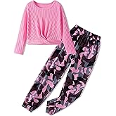 KIDOOPIX Girls' Clothing Sets Knit Crew Neck Twist Front Tops and Camo Elastic Waist Pants Girls Clothes