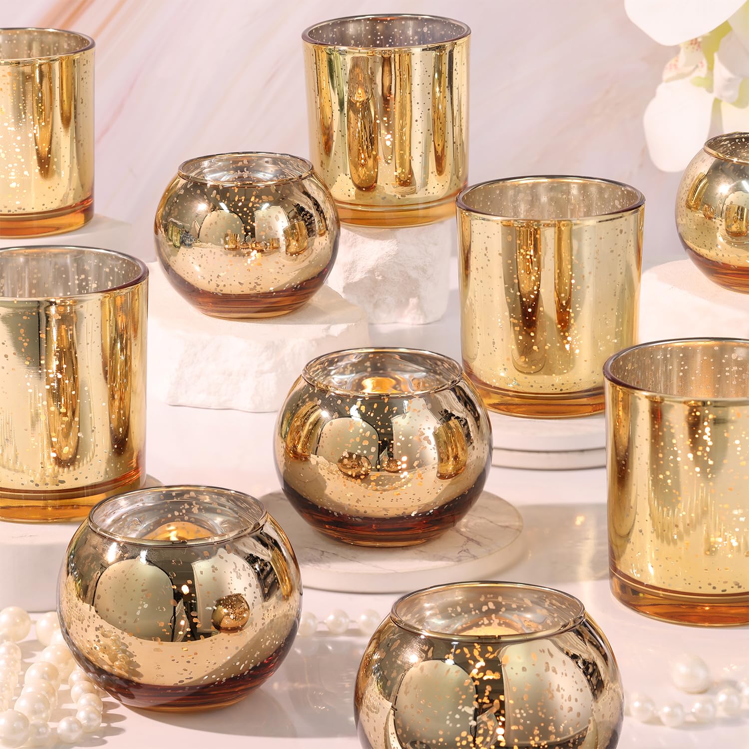 Photo 1 of 10 Pcs Assorted Gold Votive Candle Holders, Larger Size Mercury Glass Votives with Round Candle Holder for Wedding Decorations, Gold Tealight Candle Holder for Party Table Centerpieces