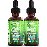 Organic Mullein Liquid Drops With Chlorophyll for Lung Detox Plus Irish Sea Moss, Spirulina, Licorice, Tart Cherry, Lobelia, Motherwort, And Elderberry For Men Women Health Supplement Vitamin (2)