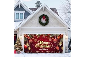 HOMETITUTE 13x6ft Christmas Garage Door Cover Merry Christmas and Happy New Year Banner Outdoor Holiday Hanging Large Red Christma Wall Backdrop for Yard Garage Door Decoration Winter Scene Mural