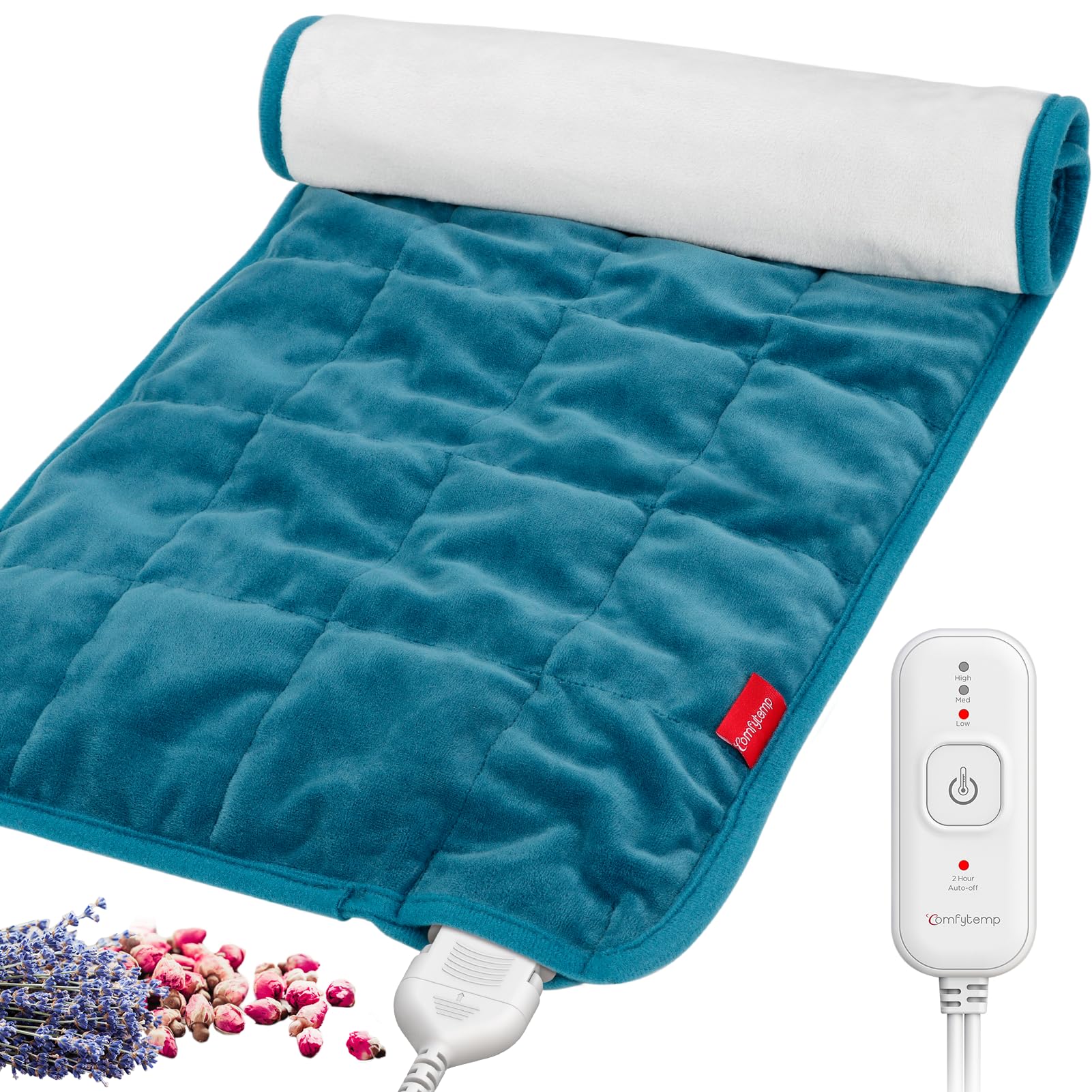 Comfytemp Weighted Heating Pad, Aromatherapy Heating Pad for Back Pain Relief, Aromatic Electric Heating Pad for Cramps with Auto Shut Off, Stay On, 3 Heat Settings, Organic Lavender & Rose, 12