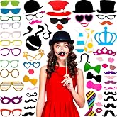 Gejoy 60 Pcs Photo Booth Props, Mustache Glasses Hats Lips(Classic) | Funny Selfie Accessories for Birthday Wedding Prom Halloween, DIY Photobooth Kit with Bowties Crown Pipe Decorations