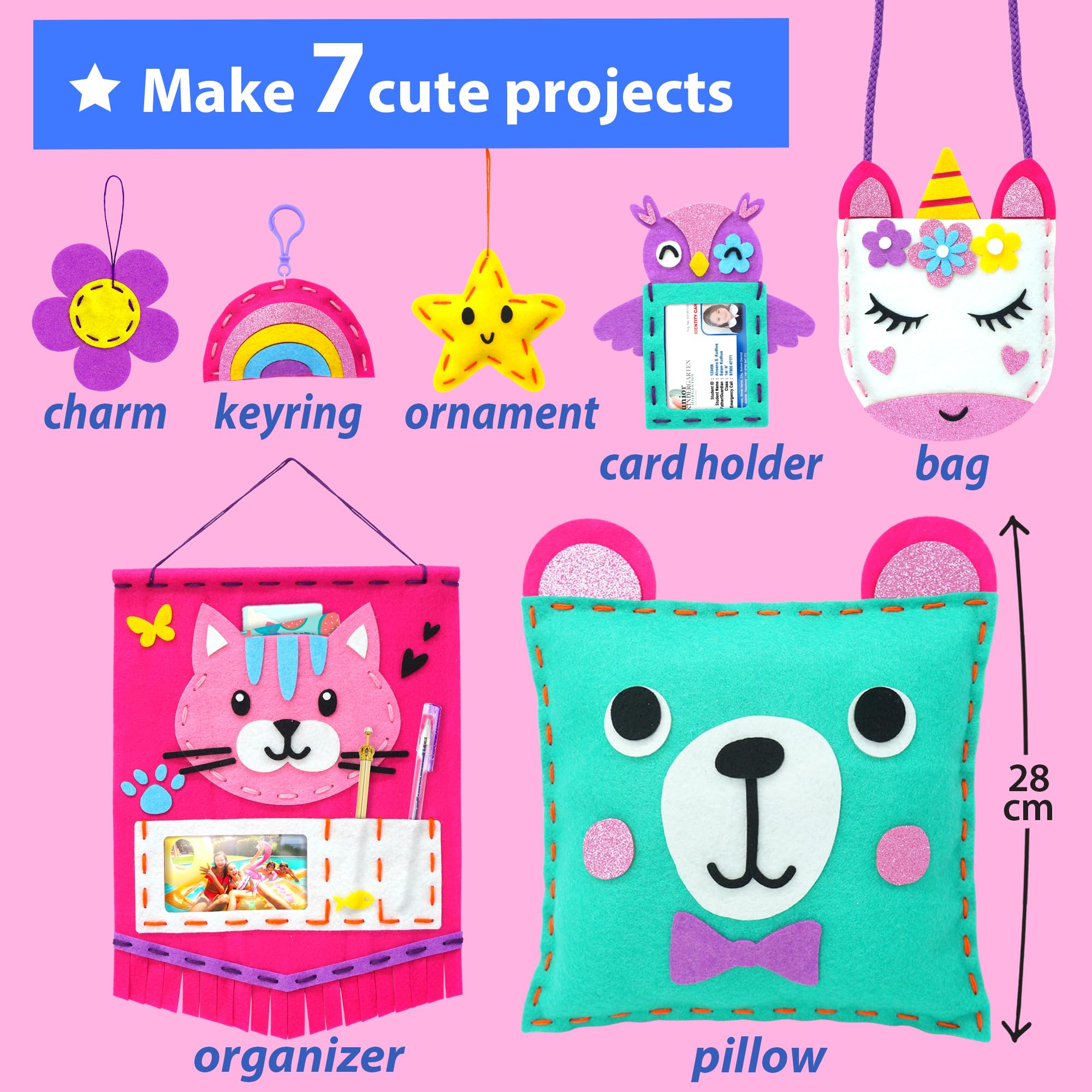 KRAFUN My First Sewing Kit for Beginner Kids Arts & Crafts, 7 Easy DIY Projects of Stuffed Animal Dolls and Plush Pillow Craft, Instructions & Felt, Gift for Girls, Boys, Learn to Sew, Embroidery