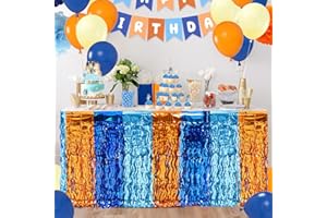 SATANKYA Blue Dog Birthday Party Tale Decor, 1Pack Orange Blue & Light Blue Wavy Metallic Tinsel Table Skirt for Rectangle or Round Table, Tables Streamer Curtains Backdrop for Blue Dog Theme Party Decoration