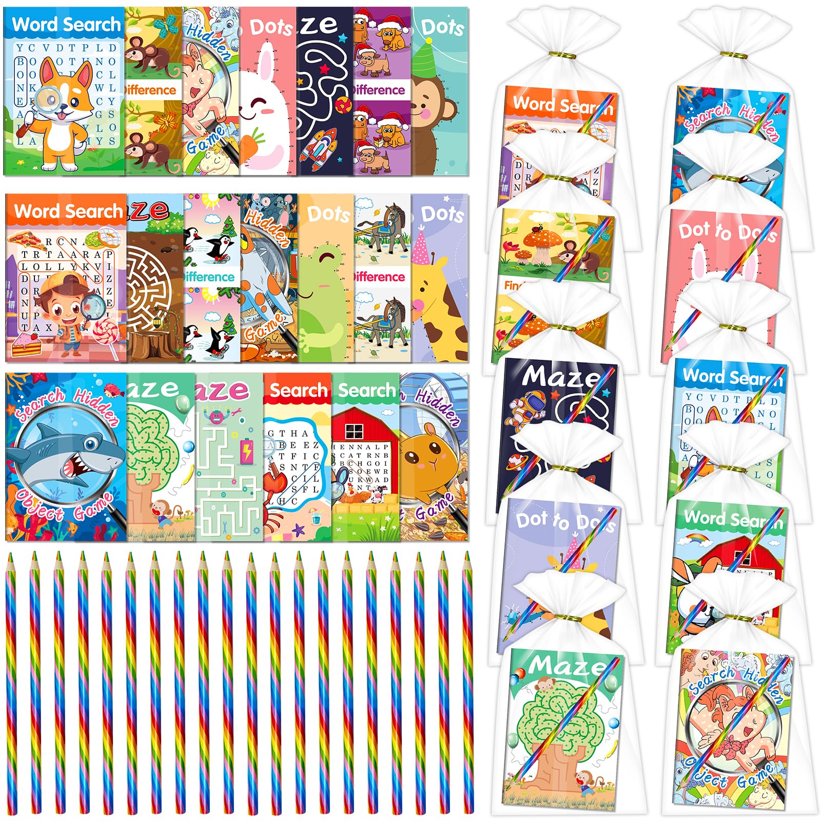 Elfew Activity Books Party Favors Set for Kids 4-8, 20 Pack Small Activity Books with 20 Colored Pencils and Gift Bags for Kids Age 8-12, Puzzles Books for Birthday Gift, Classroom Supplies