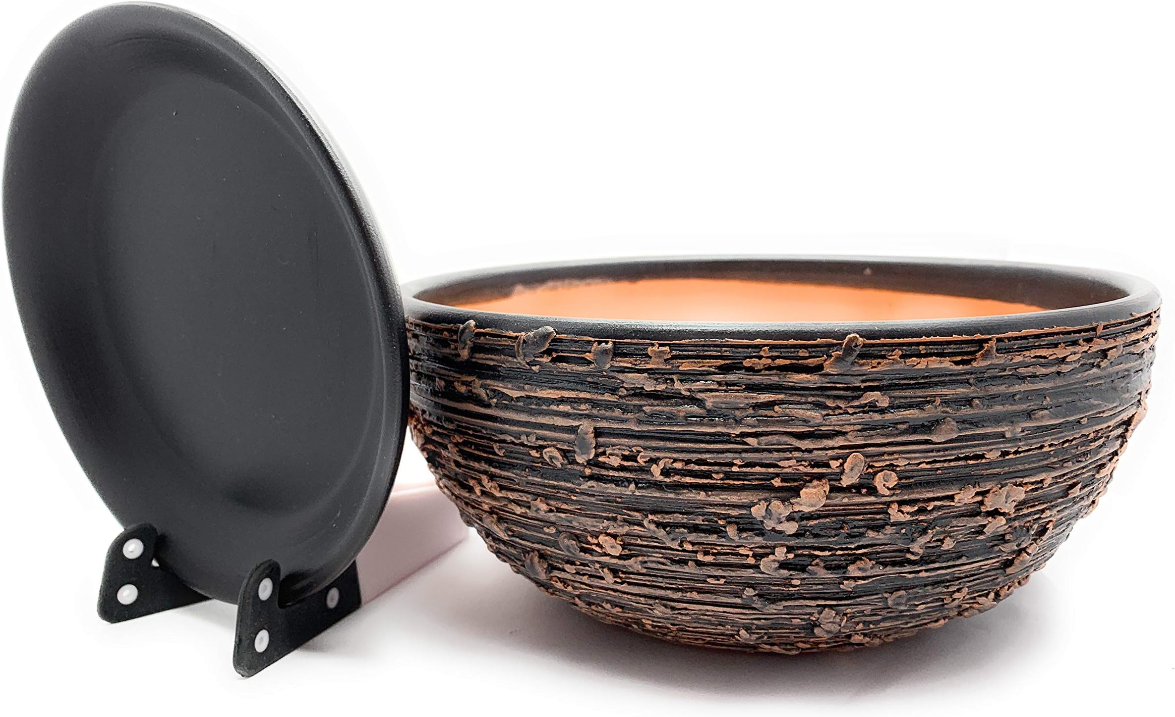 Ceramic Plant Pot Glazed with Saucer Round Terracotta with Drip Tray Flower Pot Clay Coloured Flower Pot Antique Shallow (26cm x 13cm, Black/Brown Matt)