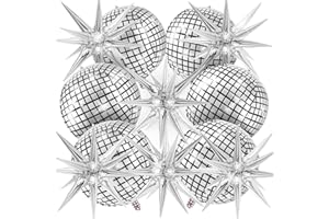AIQINHU Disco Ball Balloons with Star Balloons, 22 Inch Metallic Silver Foil Balloon for Disco Party Decor Birthday Bachelorette New Year Christmas Party Decorations