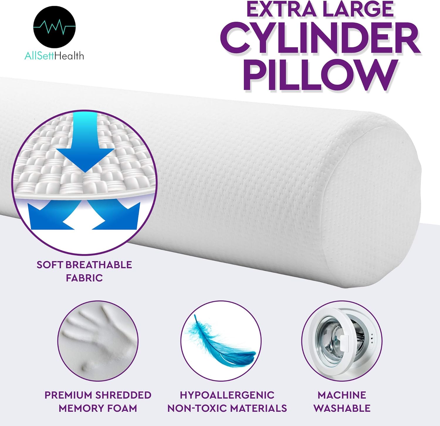 XXL Round Cervical Roll Cylinder Bolster Body Pillow with Removable Washable Cover, Premium Grade Memory Foam | Ergonomically Designed Back, Neck and Spine relief during Sleep, 47” In long x 7.5” wide: Home & Kitchen