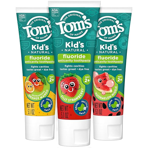 TOM’S OF MAINE ANTICAVITY KIDS NATURAL TOOTHPASTE VARIETY PACK, STRAWBERRY, ORANGE MANGO, WATERMELON FLAVORS, KIDS TOOTHPASTE WITH FLUORIDE, SAFE FOR AGES 2 AND UP, 5.1 OZ (PACK OF 3)