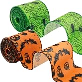 Naturahand 2 Pcs Halloween Wired Edge Ribbon Spider Web Pumpkin Skull Bat Pattern for Wreaths Gift Wrapping Party Decorations Floral Bows DIY Crafts Yellow Green(2.5 Inch 10 Yards)