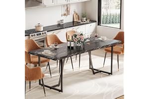 DWVO 82.6'' Large Modern Dining Table for 8-10 People, Rectangular Black Kitchen Dining Room Table with Faux Marble Tabletop and Geometric Metal Legs, Wood Dinner Tables for Family Gathering