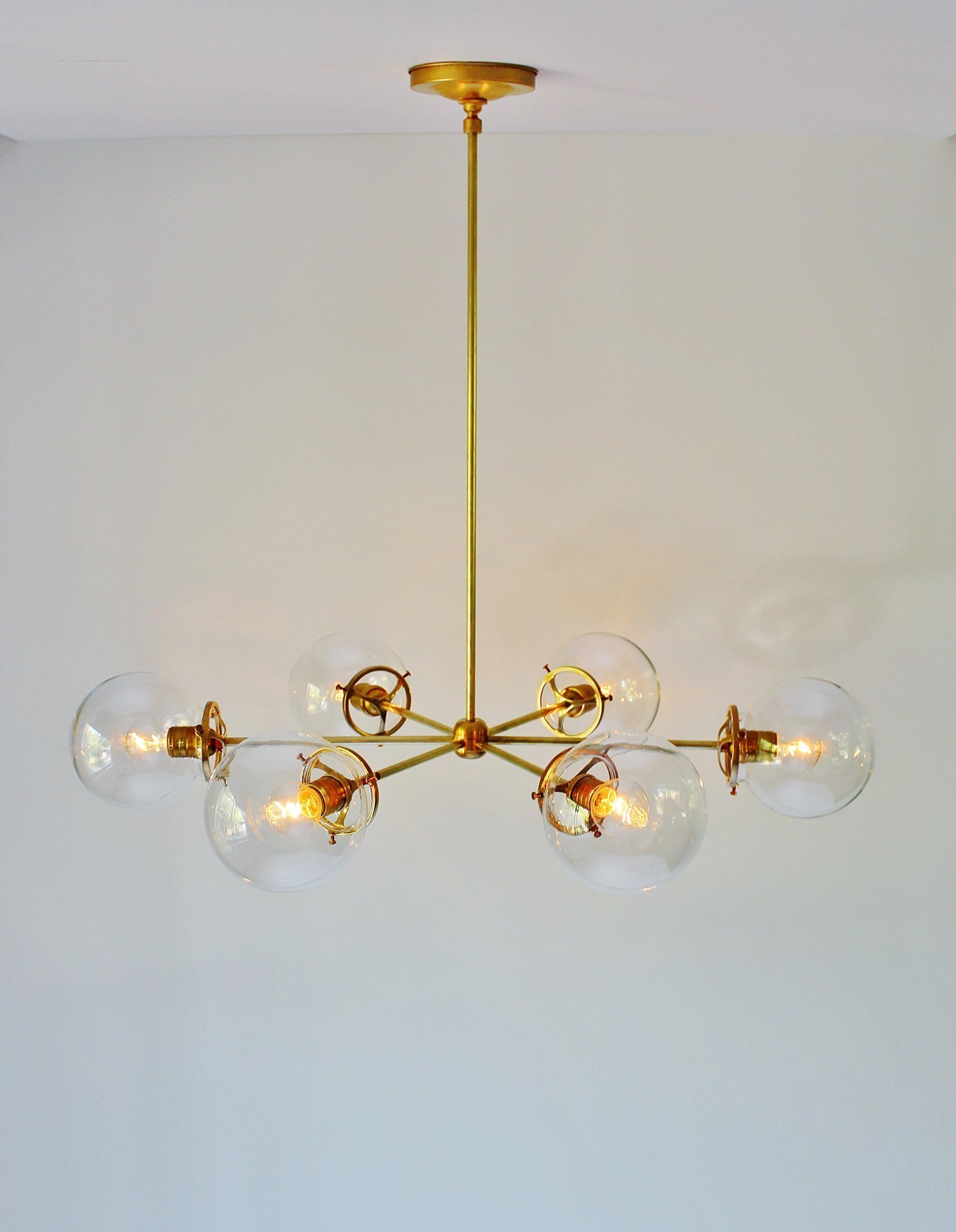Brass Chandelier With Clear Glass Orb Globe Shades, 6 Sockets, Handmade Hanging Lighting Fixture