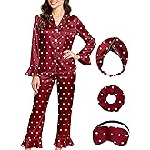 EPLAZA Silk Pajamas for Women Satin Pajamas Set 5 Pcs Long Sleeve Ruffle Button Down Pjs Sleepwear Loungewear Set