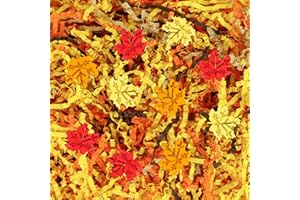 Jansun Fall Brown Orange Yellow Crinkle Cut Paper, 115g/4oz Shred Filler with Red Gold Orange Maple Leaf Confetti for Autumn Harvest Thanksgiving Gift Wrapping Craft DIY Fall Raffia Decorations